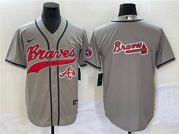 Men's Atlanta Braves Gray Team Big Logo Cool Base With Patch Stitched Baseball Jersey